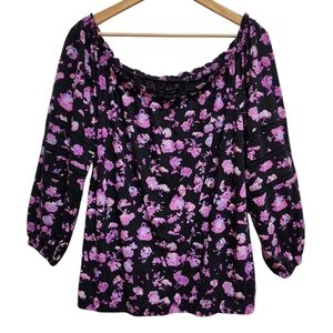 Lane Bryant Top Women 14 Black Purple Floral Crochet Off Shoulder Cropped Boho